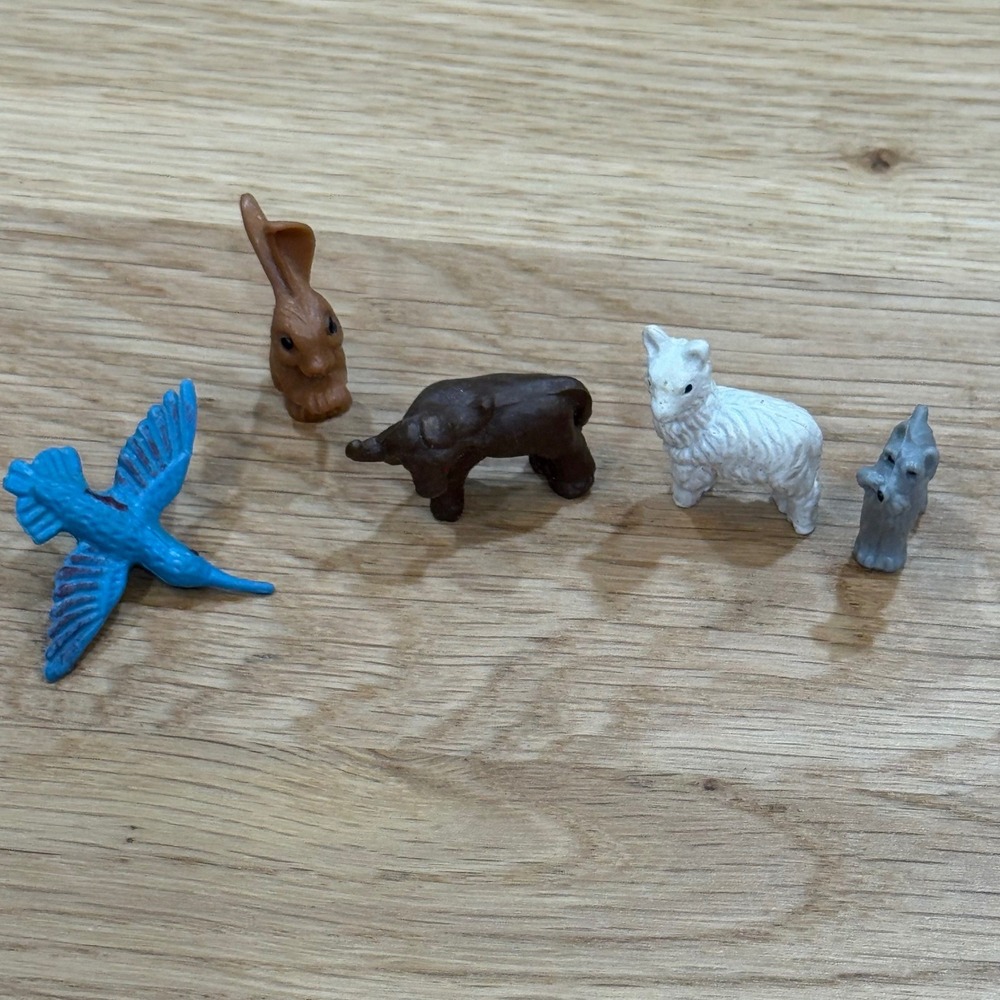 Vintage Miniature Plastic Animal Figurine Set Hummingbird Rabbit Sheep Bull Dog